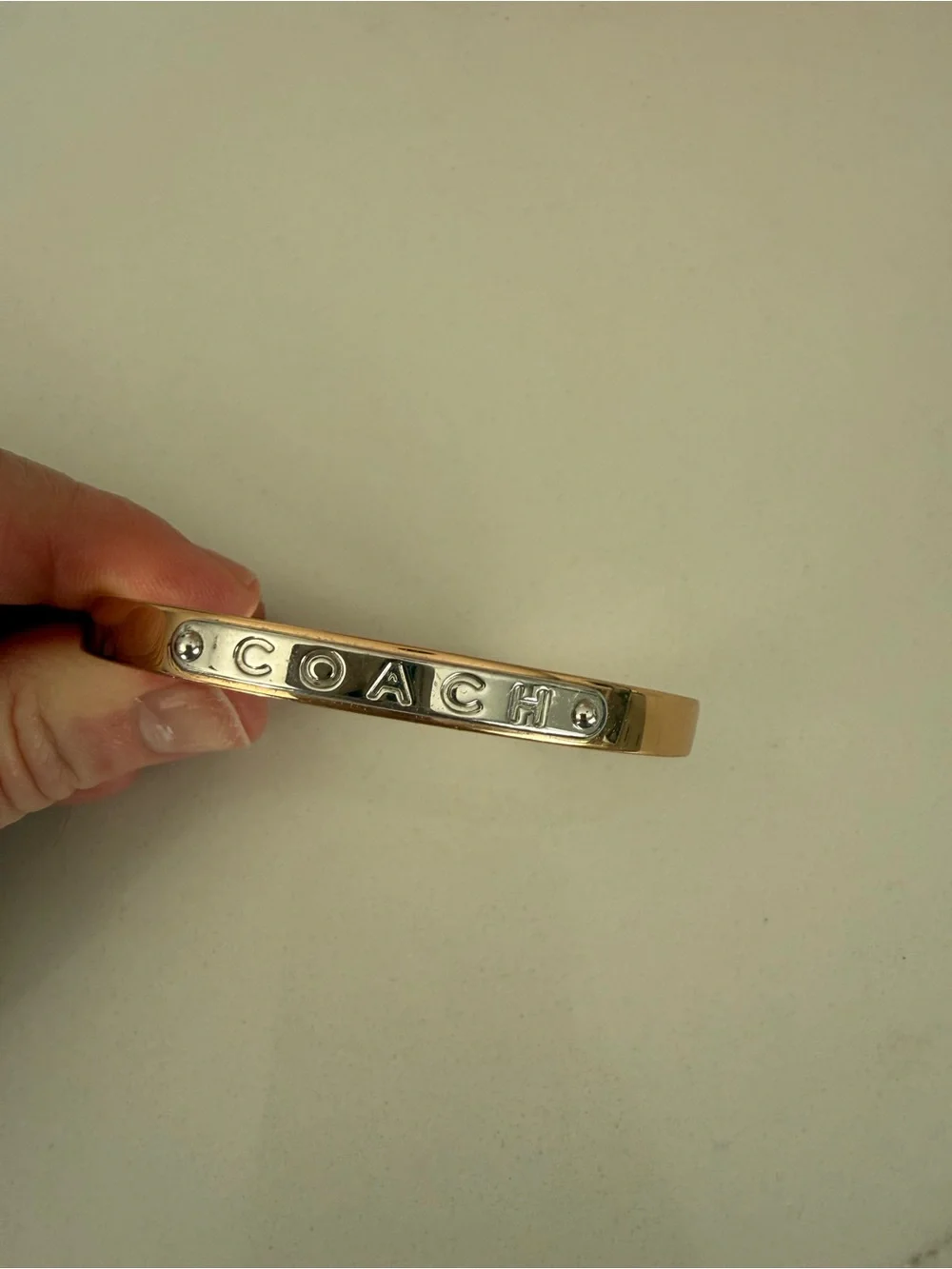 Coach Rose Gold/Silver Logo Plate Hinged-Bangle Bracelet